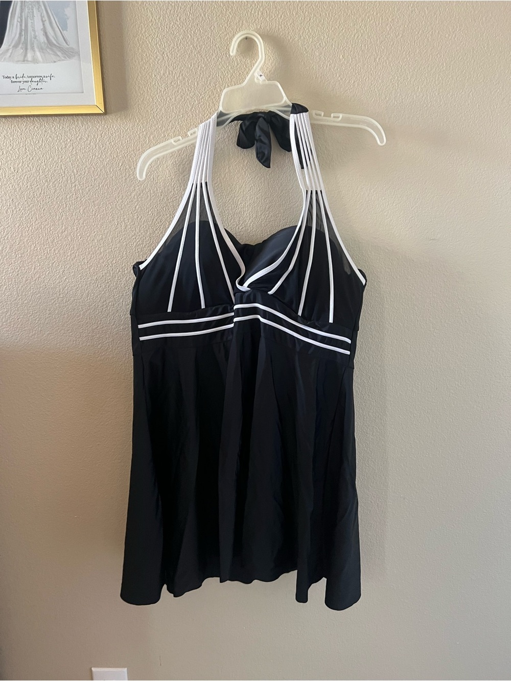 Source Unknown Black One-Piece Swimdress with White Strap Accents